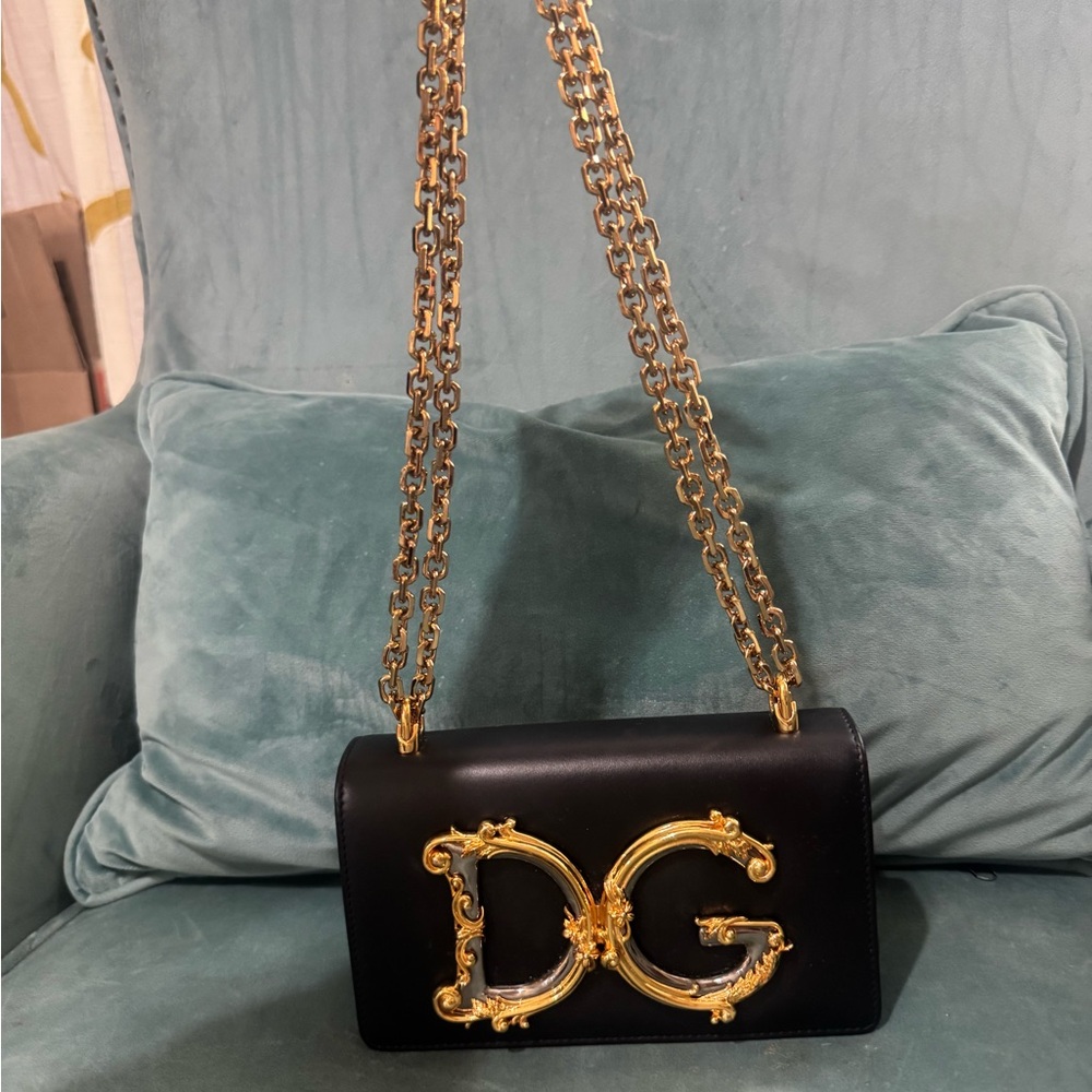 Dolce & Gabbana Girls Black Leather Crossbody with Gold DG Hardware